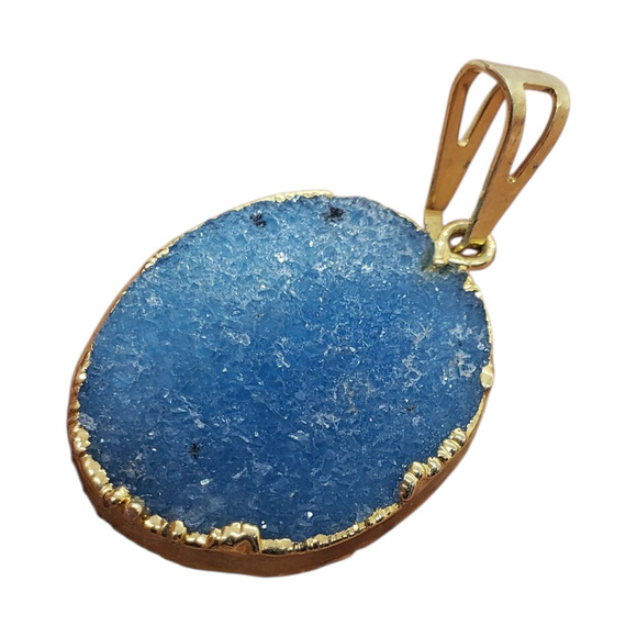 Blue Agate Druzy Slice Pendant Dipped in Real Gold Oval Natural Gemstone - Picture 6 of 9